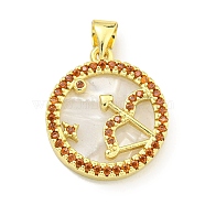 Brass Micro Pave Clear Cubic Zirconia Pendants, with Shell, Real 18K Gold Plated, Sagittarius, 19x16.8x3mm, Hole: 4x3.5mm(KK-K354-04G-02)