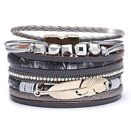 PU Leather Multi-strand Bracelets, with Wax Polyester Cords, Alloy Magnetic Clasp and Rhinestone, Feather, Golden, Gray, 7-1/2 inches(19cm), 40mm(BJEW-F352-02G-02)