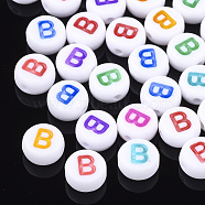 Initial Acrylic Beads, Horizontal Hole, Flat Round, Mixed Color, Letter.B, 7x3.5~4mm, Hole: 1.2mm, about 3700pcs/500g(OACR-E001-20B)