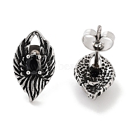 Wings 316 Surgical Stainless Steel Pave Black Cubic Zirconia Stud Earrings for Women Men, Antique Silver, 15.5x9mm(EJEW-Z050-10AS)