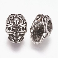 316 Surgical Stainless Steel European Beads, Large Hole Beads, Skull, Antique Silver, 12x8.5x8mm, Hole: 4mm(STAS-E432-03AS)