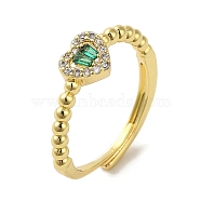 Rack Plating Brass Micro Pave Cubic Zirconia Adjustable Rings, Long-Lasting Plated, Lead Free & Cadmium Free, Heart, Sea Green, US Size 7 1/4(17.5mm)(RJEW-H228-02G-03)
