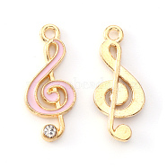 Alloy Enamel Pendants, with Crystal Rhinestone, Musical Note, Light Gold, Pink, 22x10x2mm, Hole: 1.6mm(X-ENAM-S121-021A)