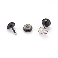 304 Stainless Steel Heart Earlobe Plugs, Screw Back Earrings, with Polymer Clay Rhinestone, Gunmetal, 7x7mm, Pin: 1mm(EJEW-I196-04B)