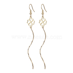 201 Stainless Steel Dangle Earring, with 304 Stainless Steel Earring Hooks and Brass Big Pendants, Clover, Golden, 88x12mm(EJEW-JE05942)