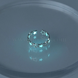 Luminous Brass Star Open Cuff Ring, Glow In The Dark Jewelry for Women, Cyan, US Size 6 1/2(16.9mm)(LUMI-PW0001-110S-02)