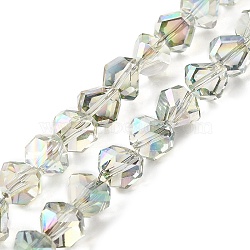 Transparent Electroplate Glass Beads Strands, Rainbow Plated, Faceted, Triangle, Light Cyan, 8~9x8.5~9x8.5~9mm, Hole: 1.5mm, about 50pcs/strand, 16.69''(42.4cm)(EGLA-I017-04-FR01)