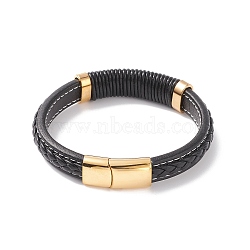Leather Cord Bracelets, 304 Stainless Steel Magnetic Clasp, Rectangle, Golden, 8-5/8 inch(22cm), 12~15x6~10mm(BJEW-E345-09G)