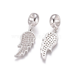 Brass Micro Pave Cubic Zirconia European Dangle Charms, Large Hole Pendants, Wing, Clear, Platinum, 28.5mm, Wing: 20x8x2mm, Hole: 5mm(ZIRC-E163-11P)