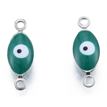 304 Stainless Steel Enamel Connector Charms, Stainless Steel Color, Horse Eye, Teal, 14.5x5x3mm, Hole: 1.2mm
