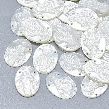 Natural White Shell Mother of Pearl Shell Pendants, Oval with Carved Virgin, Seashell Color, 20x15x2.5mm, Hole: 1mm