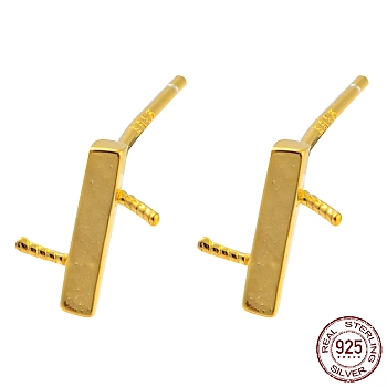 925 Sterling Silver Rectangle Stud Earring Findings, for Half Drilled Beads, with S925 Stamp, Real 18K Gold Plated, 8.5x7mm, Pin: 10X0.7mm and 0.7mm