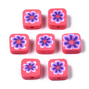 Handmade Polymer Clay Beads, for DIY Jewelry Crafts Supplies, Square with Flower, Dark Slate Blue, 9~9.5x9.5x4~4.5mm, Hole: 1.8mm