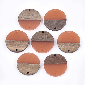Resin & Walnut Wood Links connectors, Flat Round, Coral, 28.5x3.5~4mm, Hole: 1.8mm