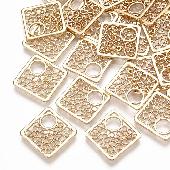 Brass Pendants, Filigree Findings, Rhombus, Real 18K Gold Plated, 18.5x18.5x1mm, Hole: 4.5mm