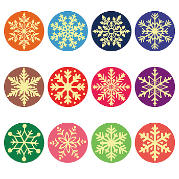 Paper Self Adhesive Gold Foil Embossed Stickers, Colorful Round Dot Decals for Seal Decoration, DIY ScrapbookScrapbook, Snowflake Pattern, 50x50mm, 12pcs/sheet, 10 sheets/set