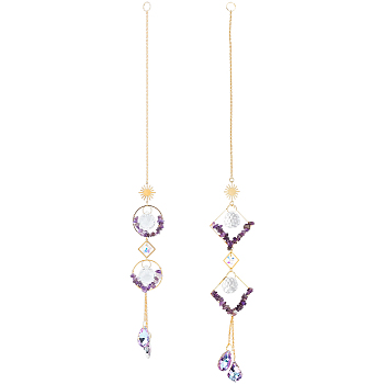 2Pcs 2 Style Teardrop K9 Glass & Natural Amethyst Chip Pendant Decorations, Hanging Sun Catchers, with Brass Findings, for Home Garden Decoration, Mixed Color, 460~485mm, Hole: 11mm, 1pc/style