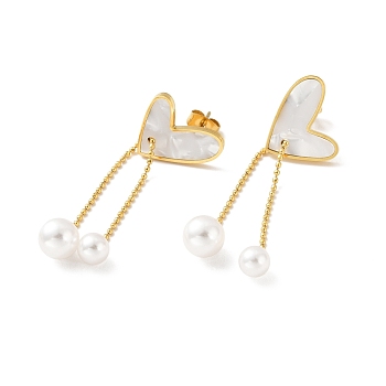 Shell Heart with Acrylic Pearl Dangle Stud Earrings, Ion Plating(IP) 304 Stainless Steel Jewelry for Women, Golden, 48mm, Pin: 0.9mm