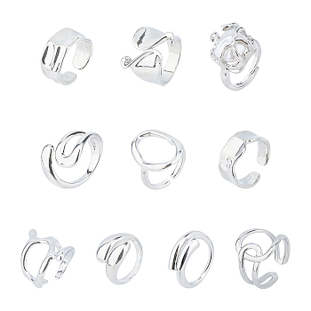 10Pcs 10 Style Alloy & Titanium Steel Open Cuff Ring, Teardrop & Twist & Knot, Platinum, Inner Diameter: 14.5~19.3mm, 1Pc/style