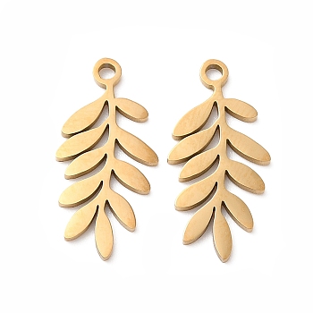 201 Stainless Steel Pendants, Laser Cut, Leafy Branch Charms, Golden, 19.5x9x1mm, Hole: 1.4mm