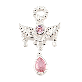 Silver 925 Sterling Silver Pendants, with Rhinestone, Angel Charms, Light Padparadscha, 21x15.5x2mm, Hole: 2.8mm