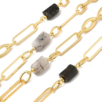 Natural Rutilated Quartz Faceted Irregular Column Beaded Chains, with Rack Plating Real 18K Gold Plated Brass Oval Link Chains, Unwelded, Long-Lasting Plated, Lead Free & Cadmium Free, 20~22x6.5~8.5x6.5~8mm, 22x6x1mm, 9x6.35x1mm