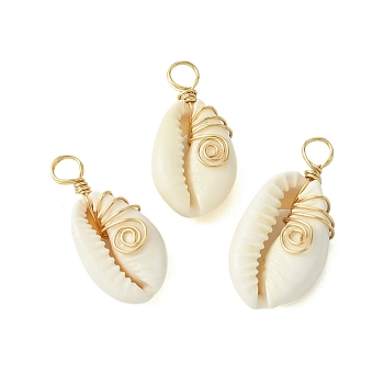 Natural Cowrie Shell Pendants, Shell Shaped Charms with Copper Wire Wrapped, Golden, 26.5~30x13~14.5x7mm, Hole: 4mm