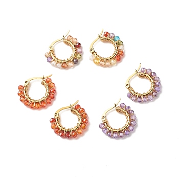 Cubic Zirconia Round Beads Braided Hoop Earrings, Wire Wrap 304 Stainless Steel Jewelry for Women, Golden, Mixed Color, 18.5x21x3mm, Pin: 1x0.7mm
