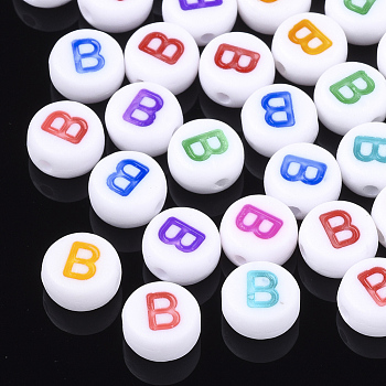 Initial Acrylic Beads, Horizontal Hole, Flat Round, Mixed Color, Letter.B, 7x3.5~4mm, Hole: 1.2mm, about 3700pcs/500g