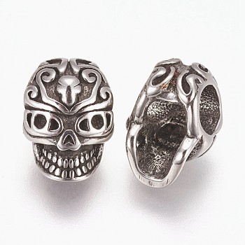 316 Surgical Stainless Steel European Beads, Large Hole Beads, Skull, Antique Silver, 12x8.5x8mm, Hole: 4mm