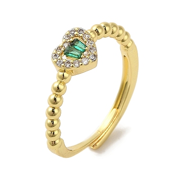 Rack Plating Brass Micro Pave Cubic Zirconia Adjustable Rings, Long-Lasting Plated, Lead Free & Cadmium Free, Heart, Sea Green, US Size 7 1/4(17.5mm)