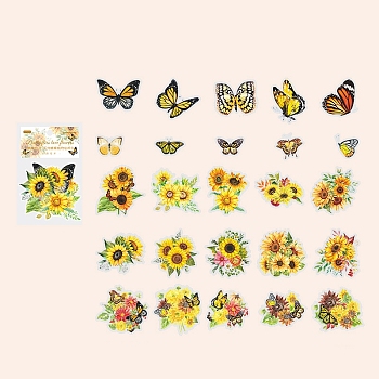 50Pcs Butterfly & Flower PET Decorative Stickers, for DIY Scrapbooking, Yellow, 65x65mm