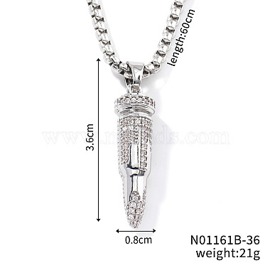 Fashionable Hip-hop Style Brass Full Crystal Rhinestone Bullet Shaped Pendant Box Chain Necklaces for Men(CU1722-2)-2