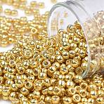 TOHO 8/0 Round Beads, Japanese Seed Beads, (557) Gold Metallic, 3mm, Hole: 1mm, about 1110pcs/50g(SEED-XTR08-0557)