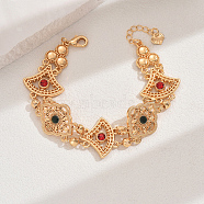 Vintage Brass Glass Hollow Link Bracelets for Women, Real 18K Gold Plated, Fan, 7-1/8 inch(18cm)(QG3110-7)