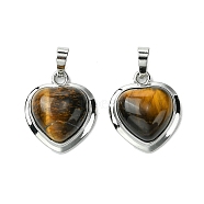 Natural Tiger Eye Pendants, Heart Charms with Rack Plating Platinum Plated Brass Findings, Cadmium Free & Lead Free, Cadmium Free & Lead Free, 23x19.5x8~9mm, Hole: 7x5mm(G-C114-03P-22)