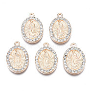 Alloy Pendants, with Rhinestone, Light Gold, Cadmium Free & Lead Free, Oval with Virgin Mary, Crystal, 22x14.5x2mm, Hole: 1.6mm(PALLOY-N153-47)