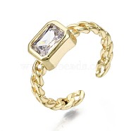 Brass Micro Pave Cubic Zirconia Cuff Rings, Open Rings, Nickel Free, Curb Chain Shape, Rectangle Octagon, Real 16K Gold Plated, Clear, US Size 6(16.5mm)(RJEW-S044-119A-NF)