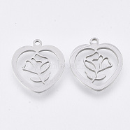 201 Stainless Steel Pendants, Laser Cut Pendants, Heart with Flower, Stainless Steel Color, 17.5x15.5x1mm, Hole: 1.4mm(STAS-T044-111P)