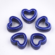 Handmade Porcelain Bead Frames, Bright Glazed Porcelain, Heart, Blue, 12~12.5x13.5x5.5mm, Hole: 2mm(PORC-S499-16C)
