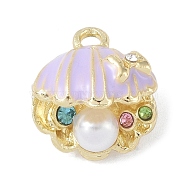 Alloy Rhinestone Pendants, with Resin Pearl, Shell Shape, Golden, Lilac, 16.5x15.5x14mm, Hole: 2mm(FIND-M015-03G-03)