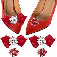 Nbeads 4Pcs 2 Style Glass Rhinestone Shoe Decorations, Detachable Bowknot Polyester Ribbon Shoe Decoration & Platinum Alloy Shoe Buckle Clips, Dark Red, 32~52x34~100x10~17mm, 2pcs/style(FIND-NB0002-34B)