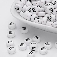 Flat Round with Letter E Acrylic Beads, with Horizontal Hole, White & Black, Size: about 7mm in diameter, 4mm thick, hole: 1mm(X-PL37C9070-E)