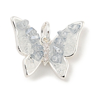 Natural Quartz Crystal Pendants, Brass Pave Clear Cubic Zirconia Butterfly Charms with Enamel & Jump Rings, Silver, 15x18x5mm, Hole: 3mm(KK-P275-24S)