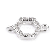 Brass Micro Pave Cubic Zirconia Links, Long-Lasting Plated, Hexagon, Clear, Platinum, 7.5x12.5x2mm, Hole: 1mm(ZIRC-L097-011P)