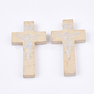 Printed Wooden Pendants, Crucifix Cross, For Easter, Bisque, 41.5~42.5x23.5~24.5x4.5mm, Hole: 2mm(WOOD-S050-35B-06)