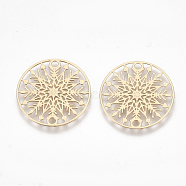 Brass Links connectors, Etched Metal Embellishments, Flat Round with Snowflake, Light Gold, 20x0.3mm, Hole: 1.3mm(X-KKC-T001-34KC)