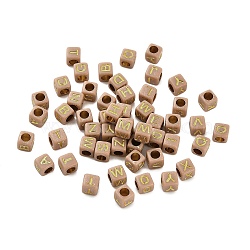 Opaque Acrylic Beads, Cube with Letter, Golden Metal Enlaced, Tan, 6x6x9mm, Hole: 3mm, about 3125pcs/500g(OACR-H046-01A)