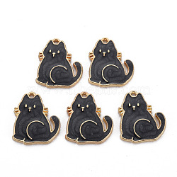 Alloy Enamel Pendants, Light Gold, Cadmium Free & Nickel Free & Lead Free, Cat, Black, 21x18.5x2mm, Hole: 1.4mm(ENAM-N055-035E-NR)