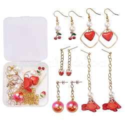 98piece Flower Earring Making Kits, including Nylon Pendant, Opaque Acrylic Beads, Alloy Enamel Charms, Iron and Brass Earring Findings, Red(DIY-CJ0001-56)